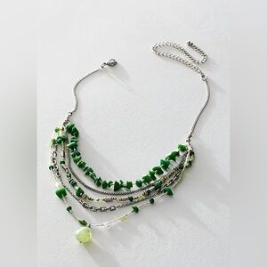 NWT Free People Aurelia Layered Necklace In Jade Green & Silver